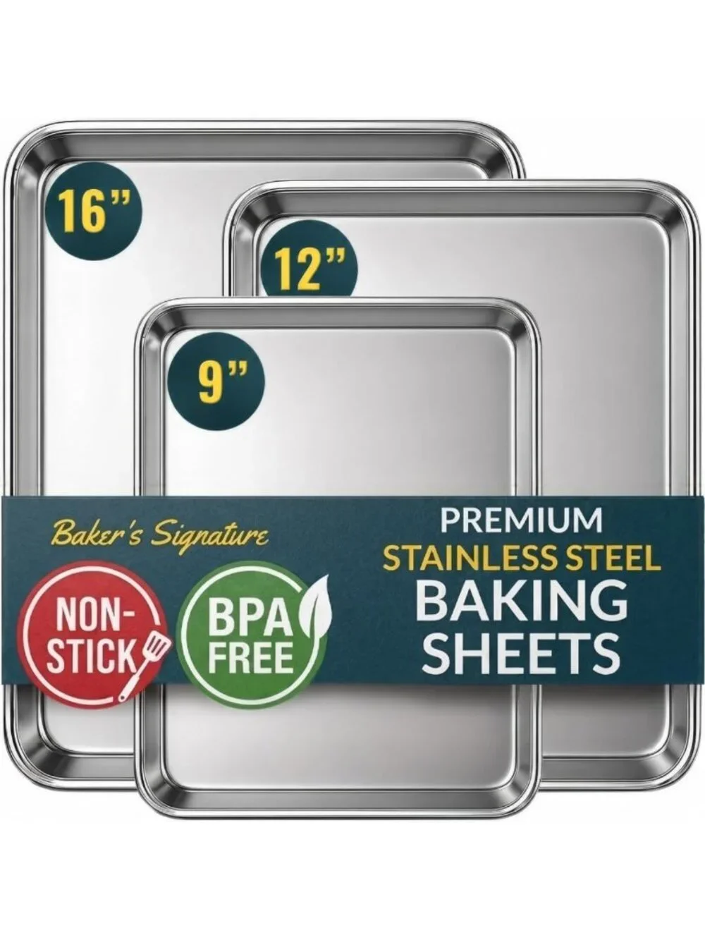 Stainless Steel Cookie Sheet Set of 3 - Non-Stick, Rust Resistant, Dishwasher